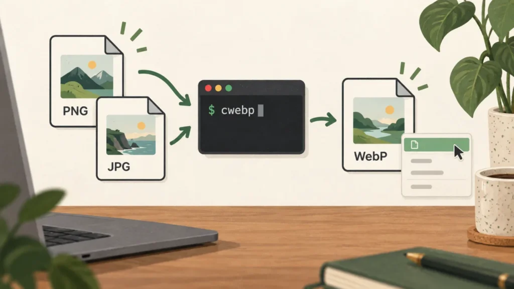 Illustration of PNG and JPG image files passing through cwebp to become a WebP file, with a Finder-style quick action menu.