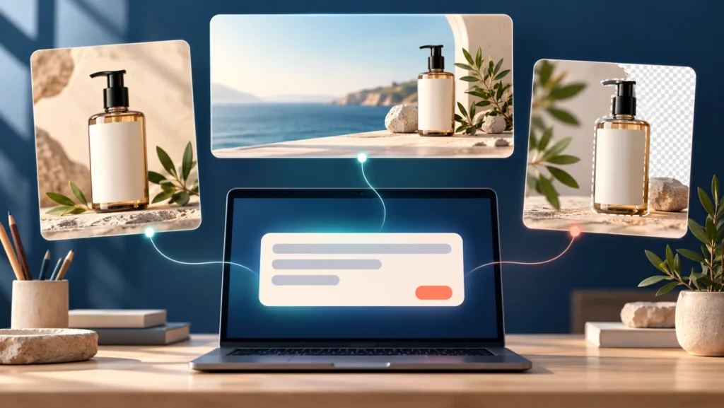 ChatGPT image commands generating product photos, website visuals, and image edits.