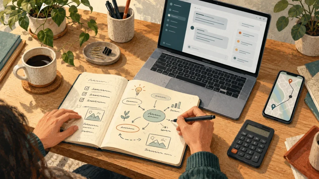 Person writing ideas in a notebook beside an AI chat on a laptop, a calculator, and a phone displaying a map.